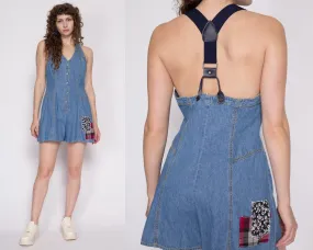 90s Suspender Back Patchwork Denim Romper - Medium