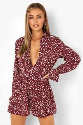 Animal Print Frill Cuff Shirt Romper