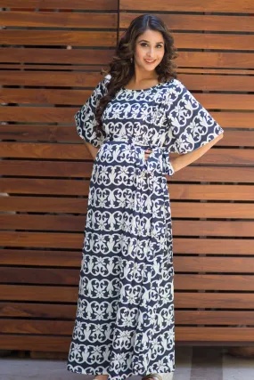 Baroque Print Discrete Zips Maternity Maxi Dress