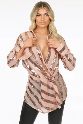 Beige Sequin Plunge Front Tunic Top