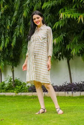 Beige Striped Maternity & Nursing Shirt Dress