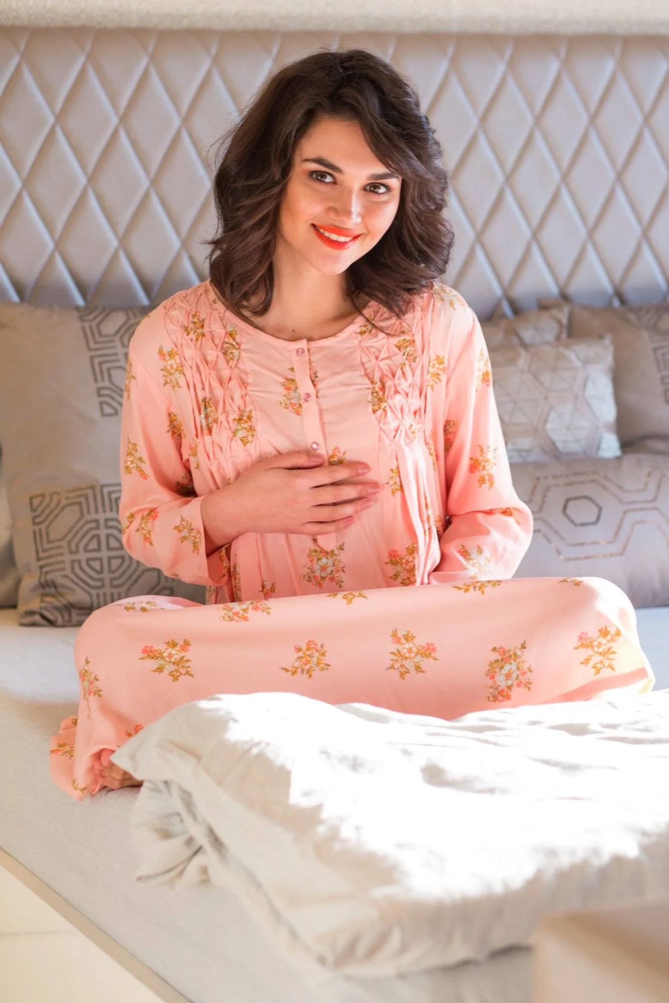 Botanical Peach Maternity & Nursing Night Dress