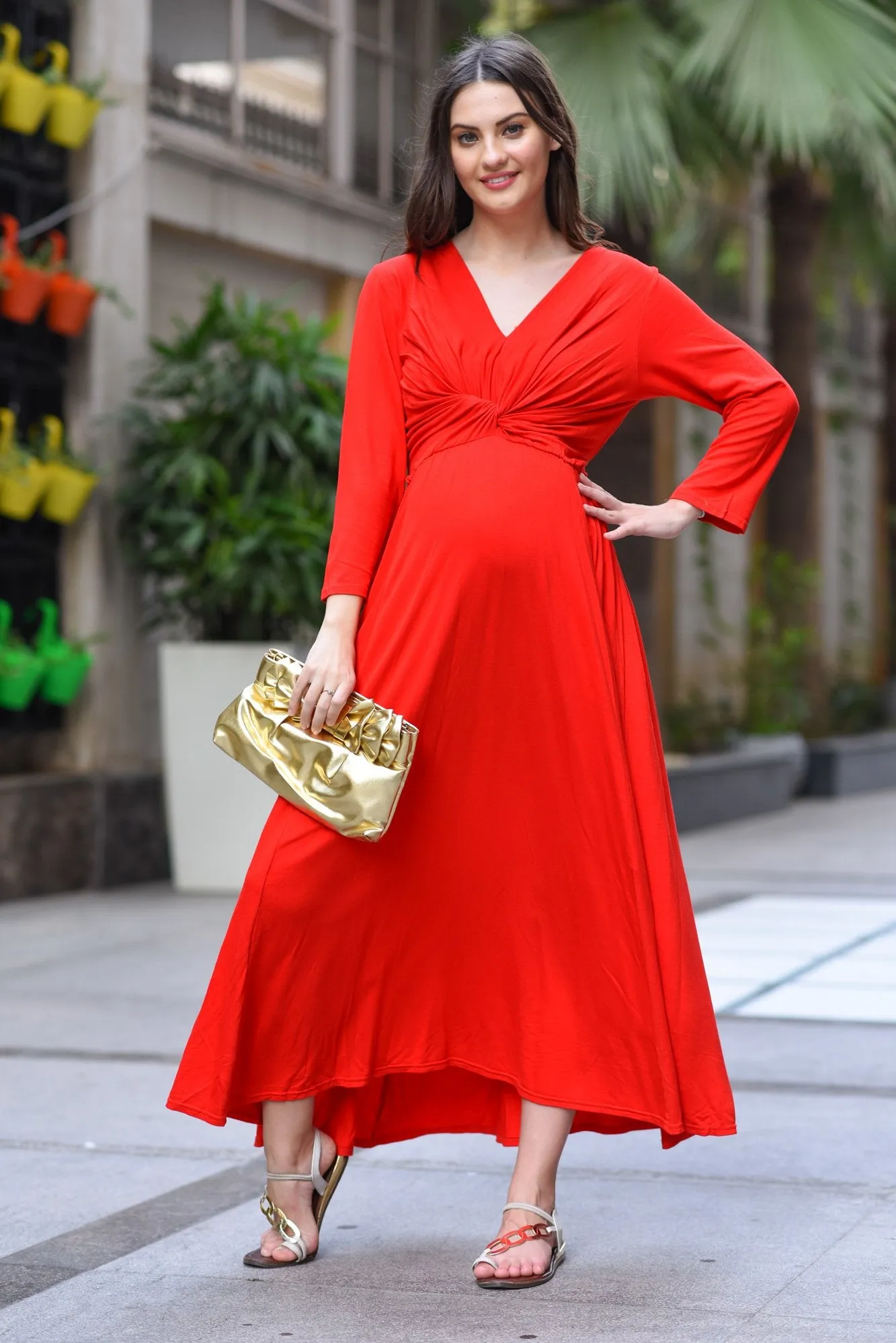 Candy Carnation Front Knot Lycra Maternity Dress