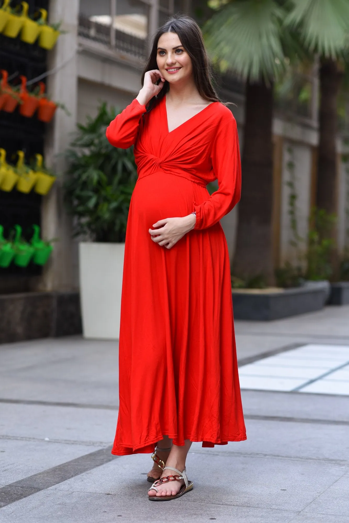 Candy Carnation Front Knot Lycra Maternity Dress