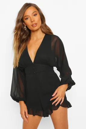 Chiffon Blouson Sleeve Button Detail Romper