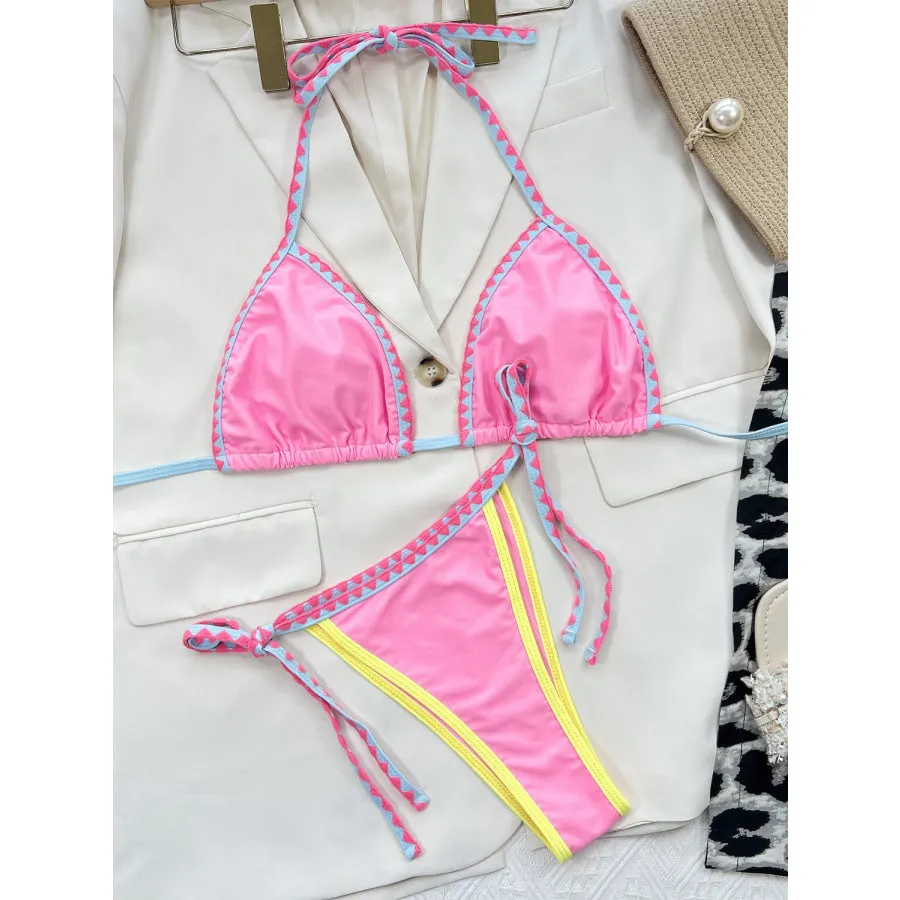 Contrast Trim Halter Neck Bikini Set