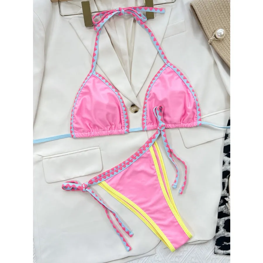 Contrast Trim Halter Neck Bikini Set