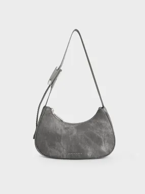 Denim Curved Metallic-Accent Shoulder Bag - Dark Grey