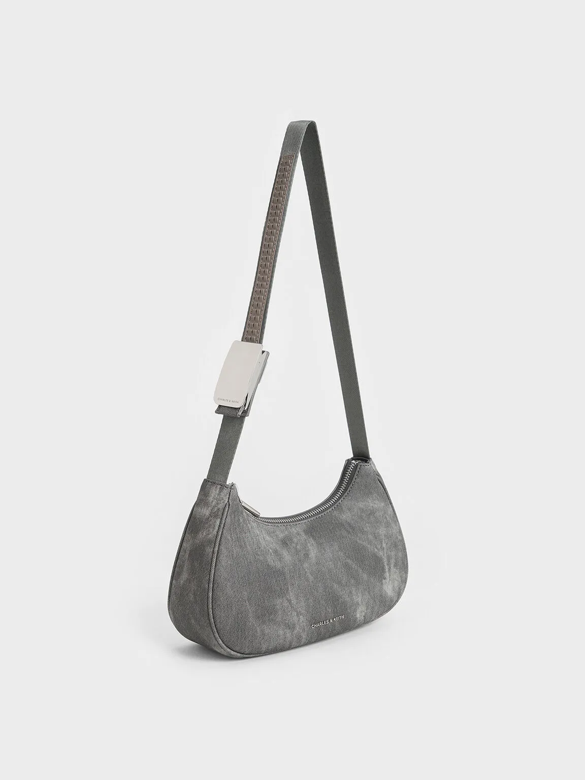 Denim Curved Metallic-Accent Shoulder Bag - Dark Grey