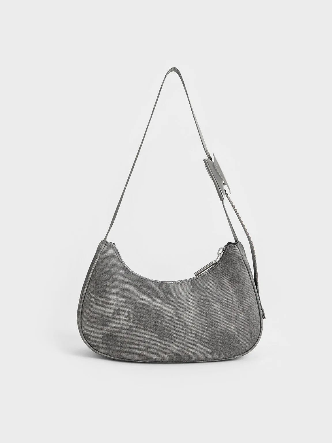 Denim Curved Metallic-Accent Shoulder Bag - Dark Grey