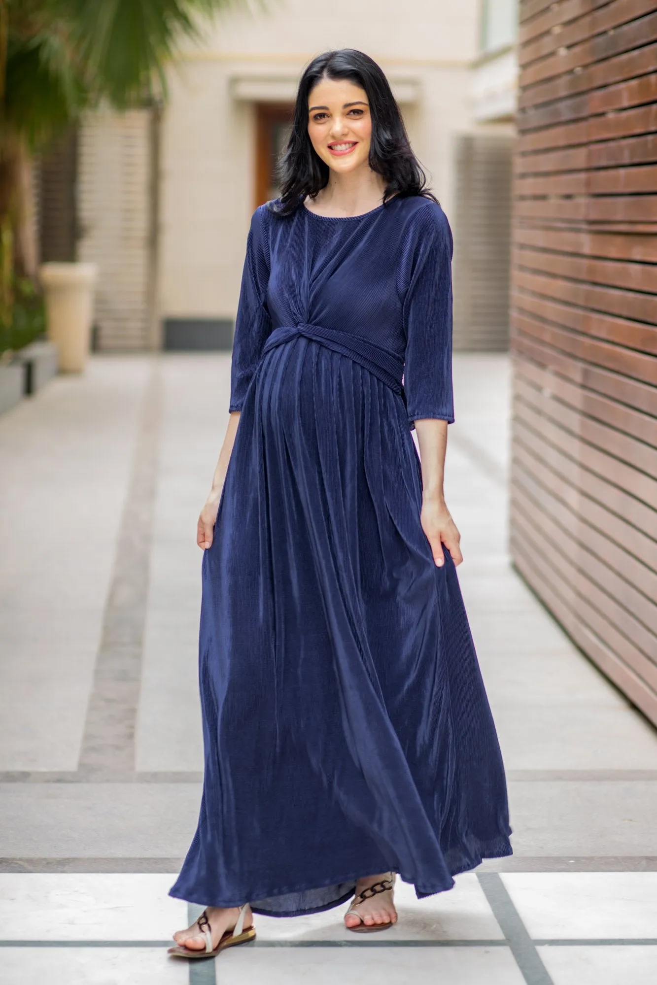 Elegant Blue Pleated Maternity Knot Dress