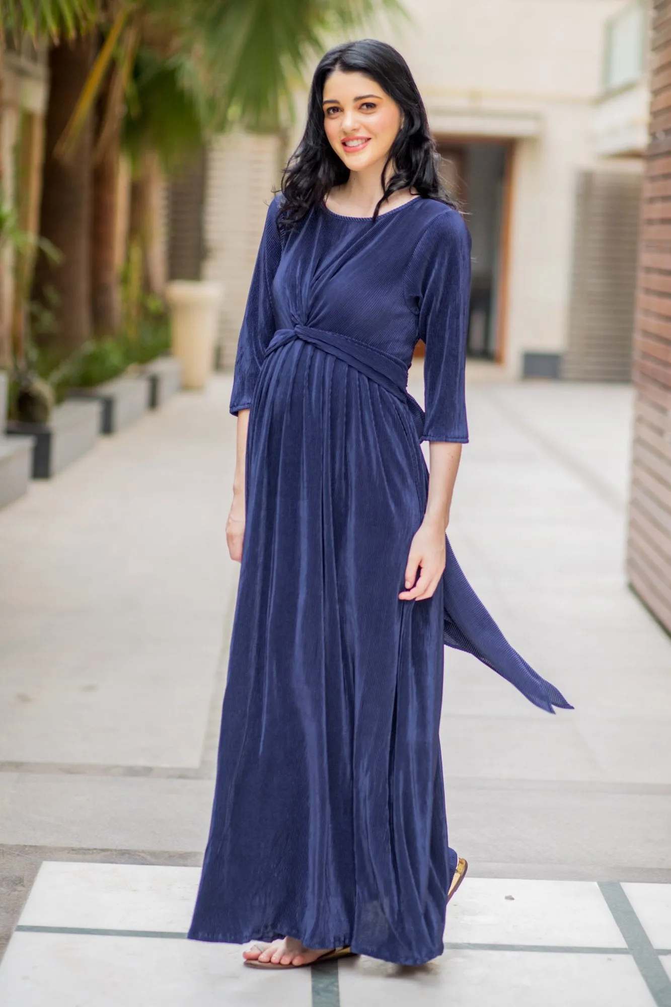 Elegant Blue Pleated Maternity Knot Dress