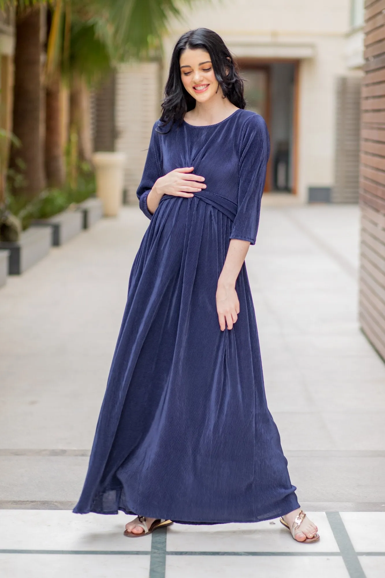 Elegant Blue Pleated Maternity Knot Dress