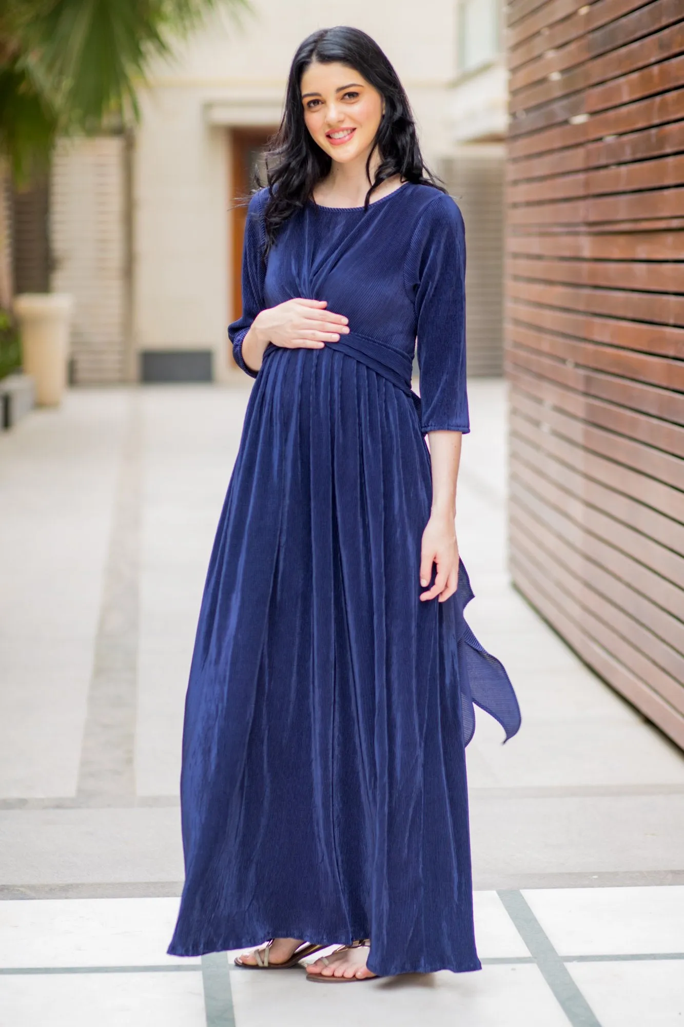 Elegant Blue Pleated Maternity Knot Dress