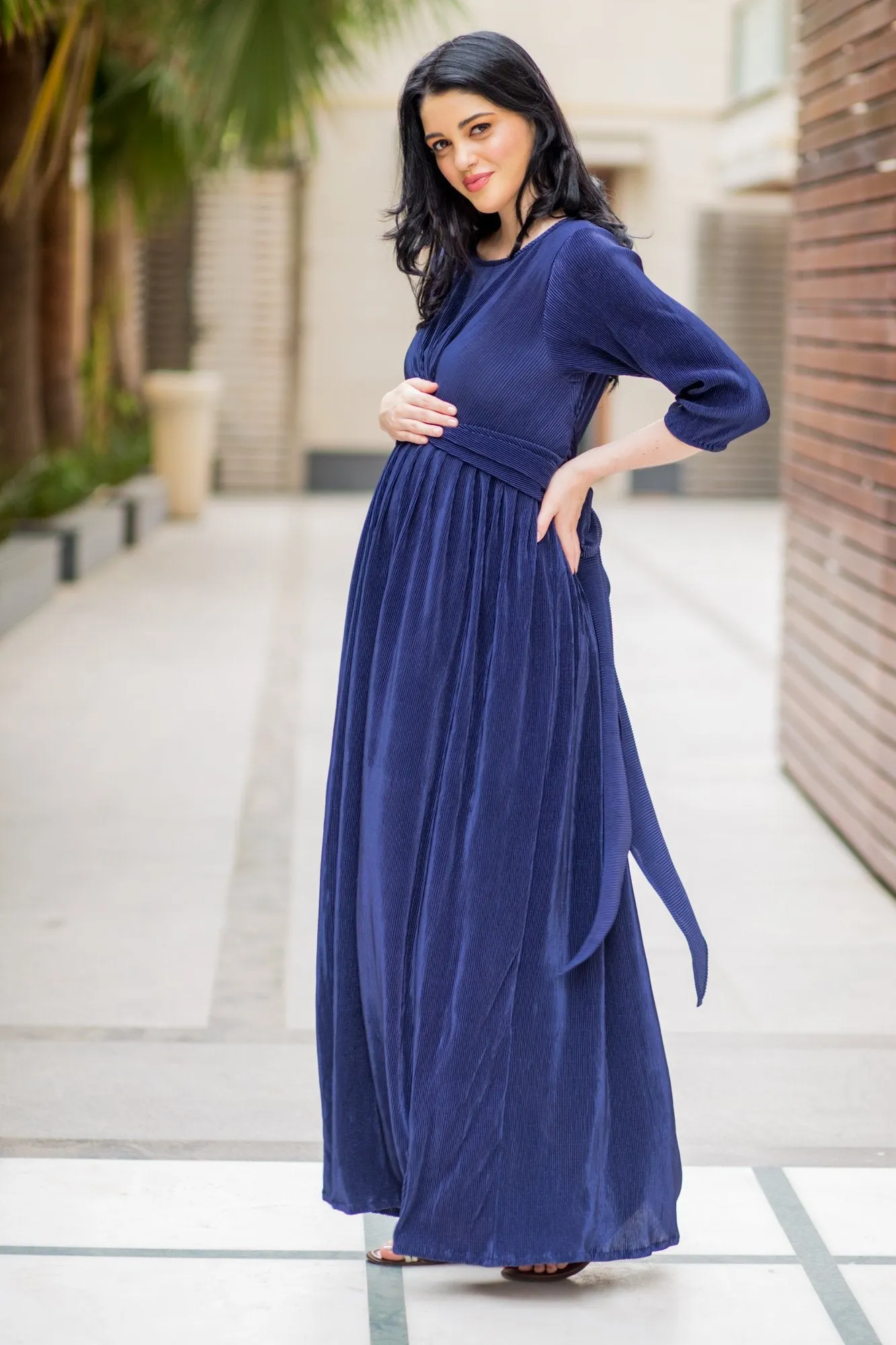 Elegant Blue Pleated Maternity Knot Dress