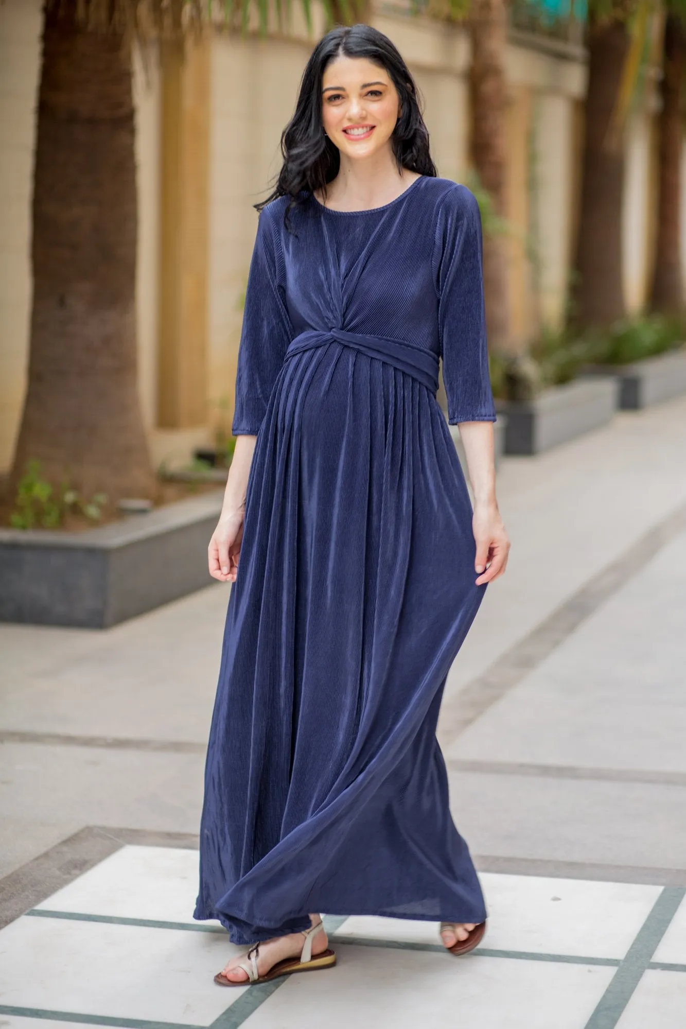 Elegant Blue Pleated Maternity Knot Dress