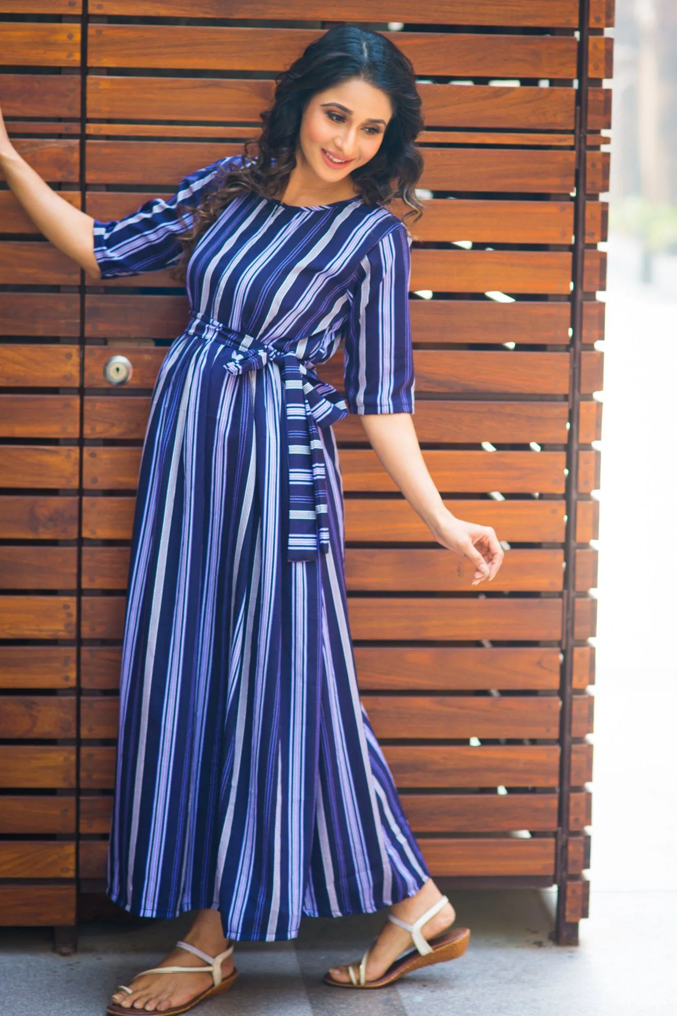 Exclusive Violet Striped Maternity & Nursing Dress