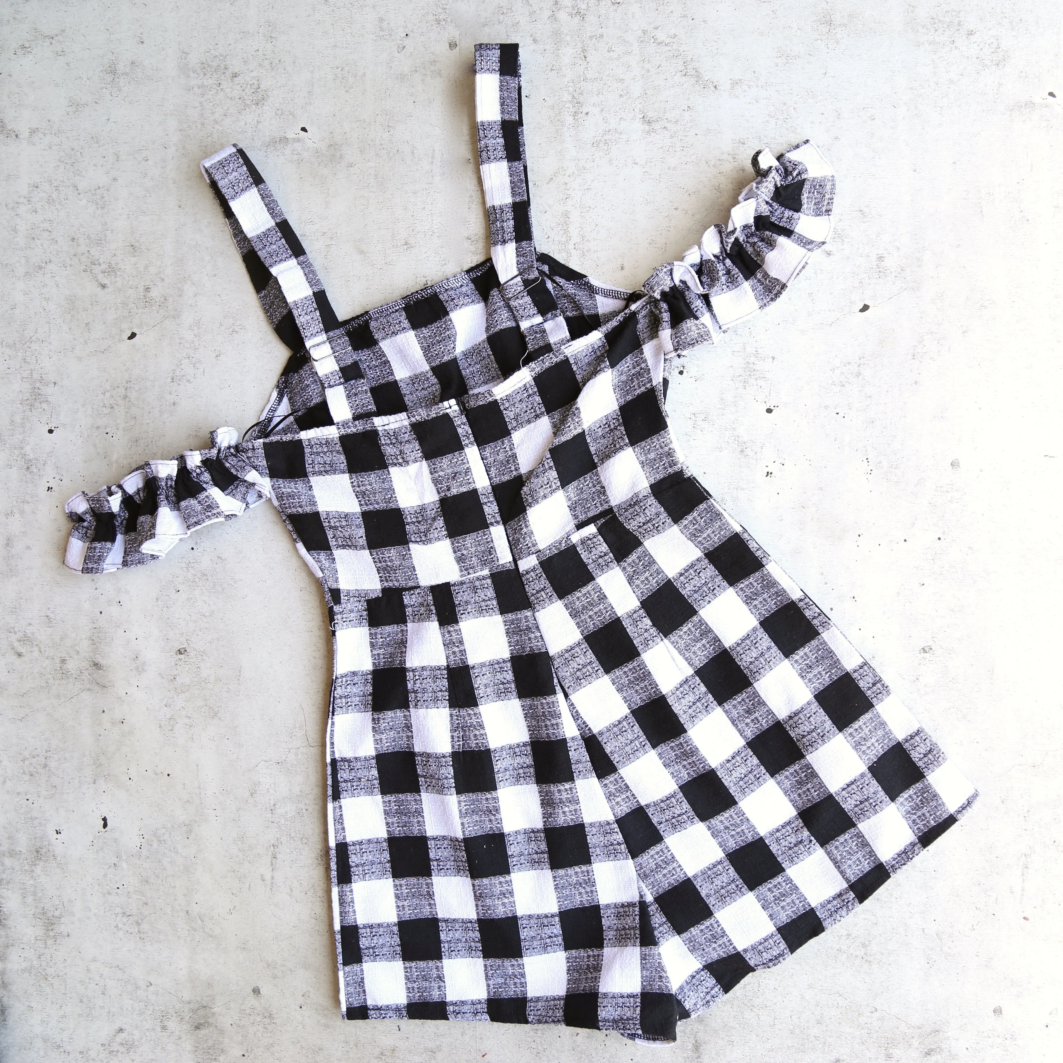 Final Sale - Gingham Romper With Off The Shoulder Frills