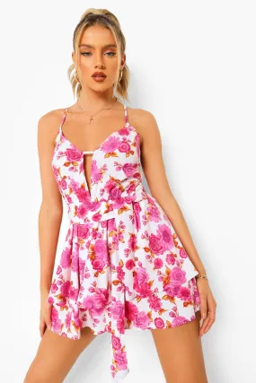 Floral Tie Detail Ruffle Layered Romper