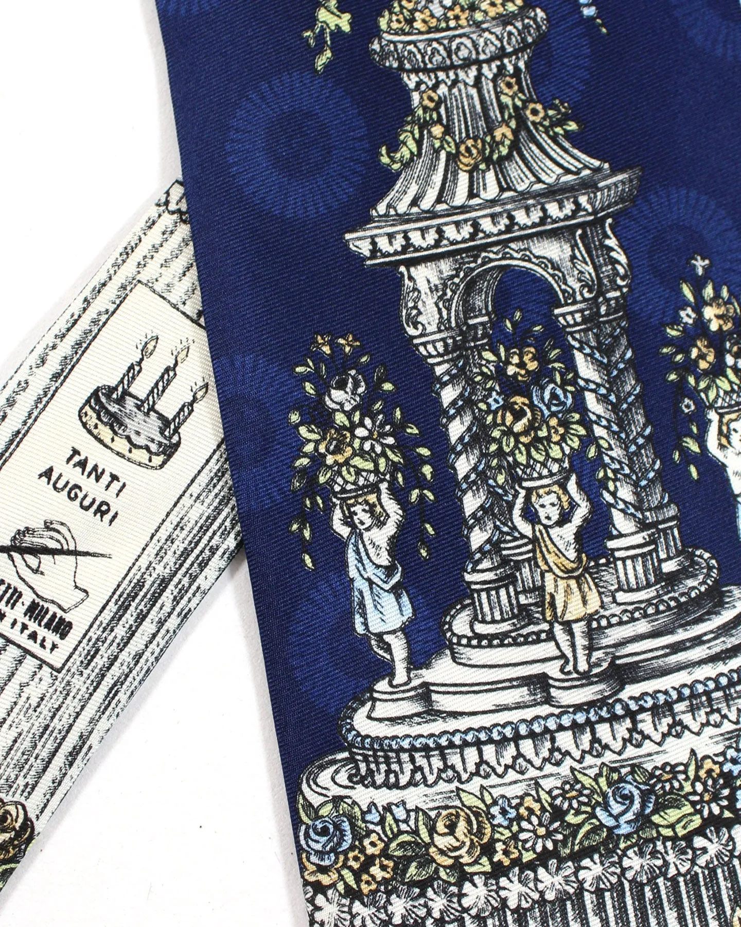 Fornasetti Silk Tie Navy Tanti Auguri Design - Wide Necktie