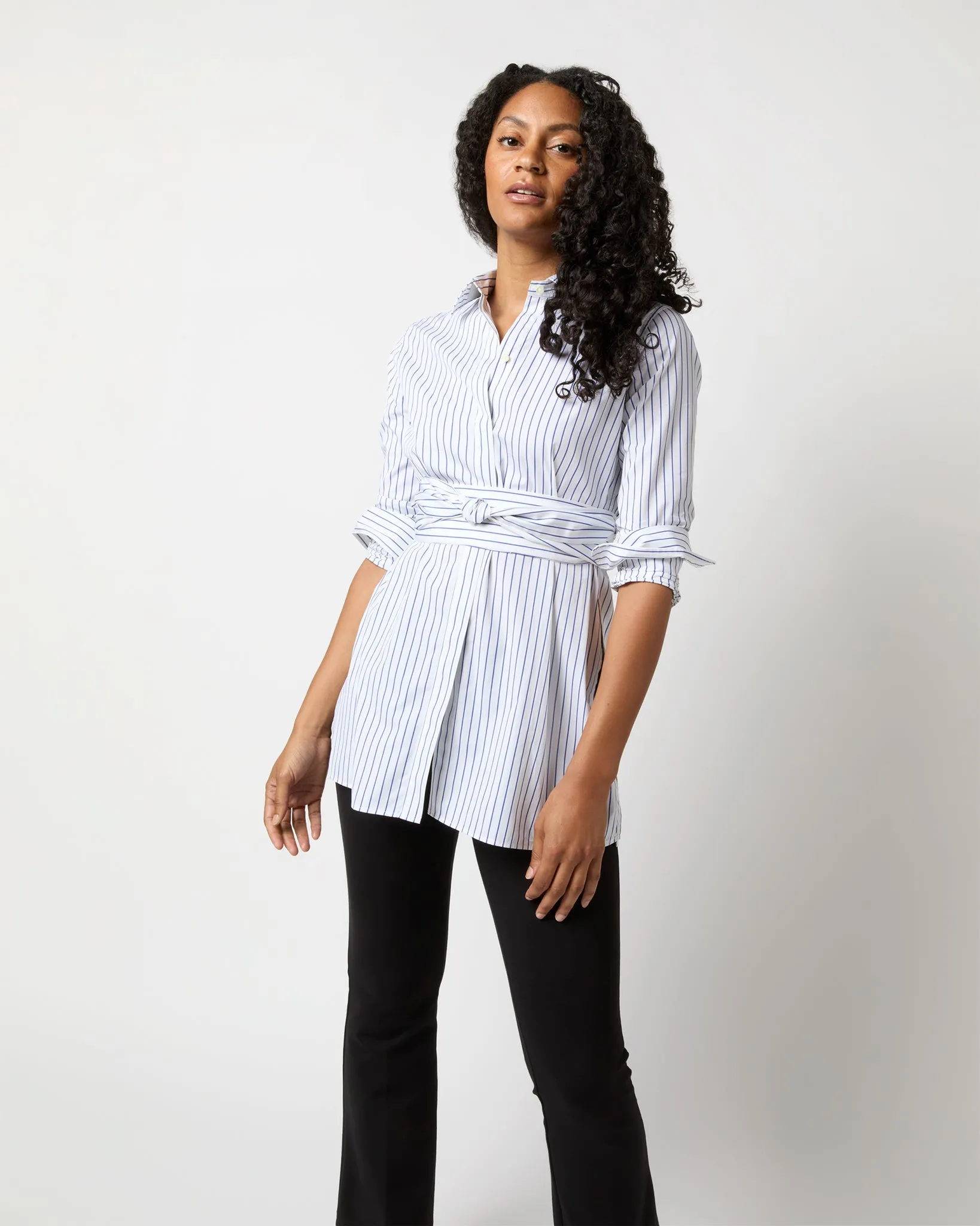 Gabrielle Tie Tunic in White/Blue Stripe Poplin