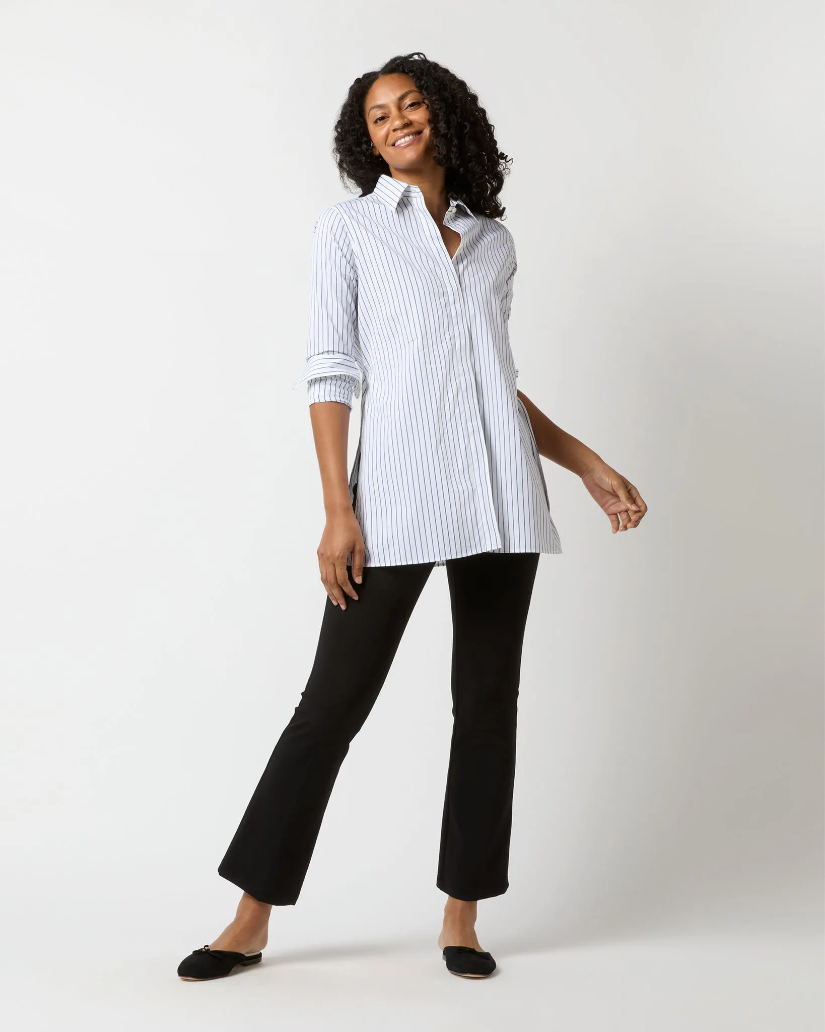 Gabrielle Tie Tunic in White/Blue Stripe Poplin