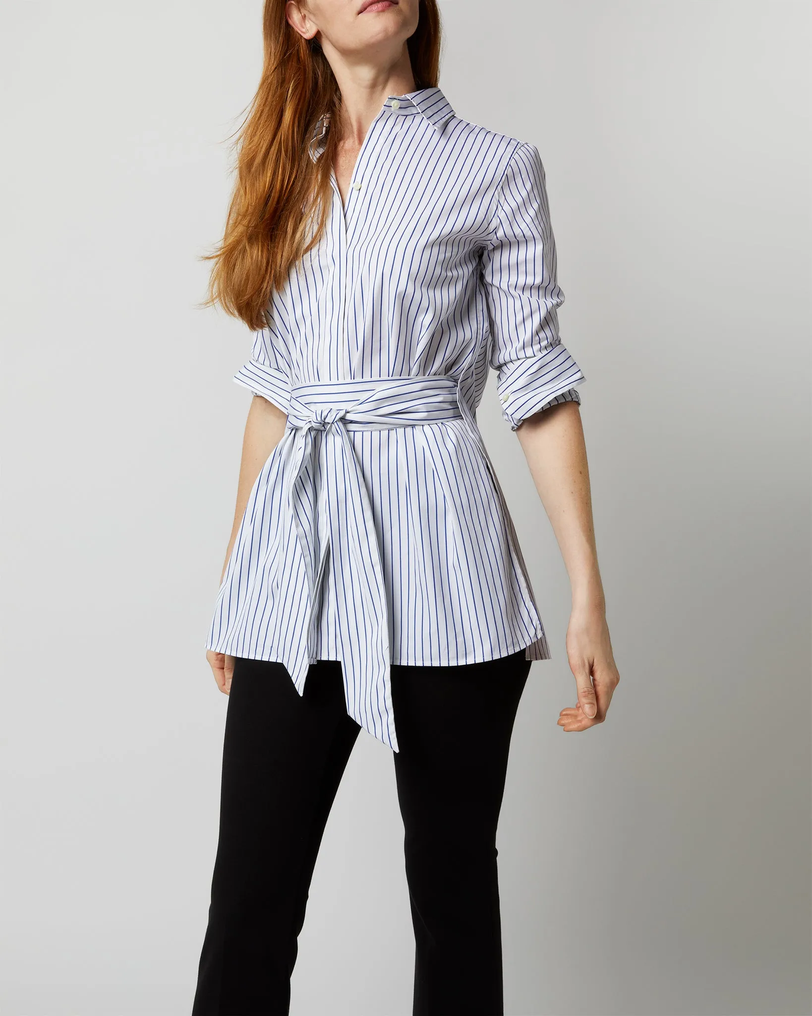 Gabrielle Tie Tunic in White/Blue Stripe Poplin