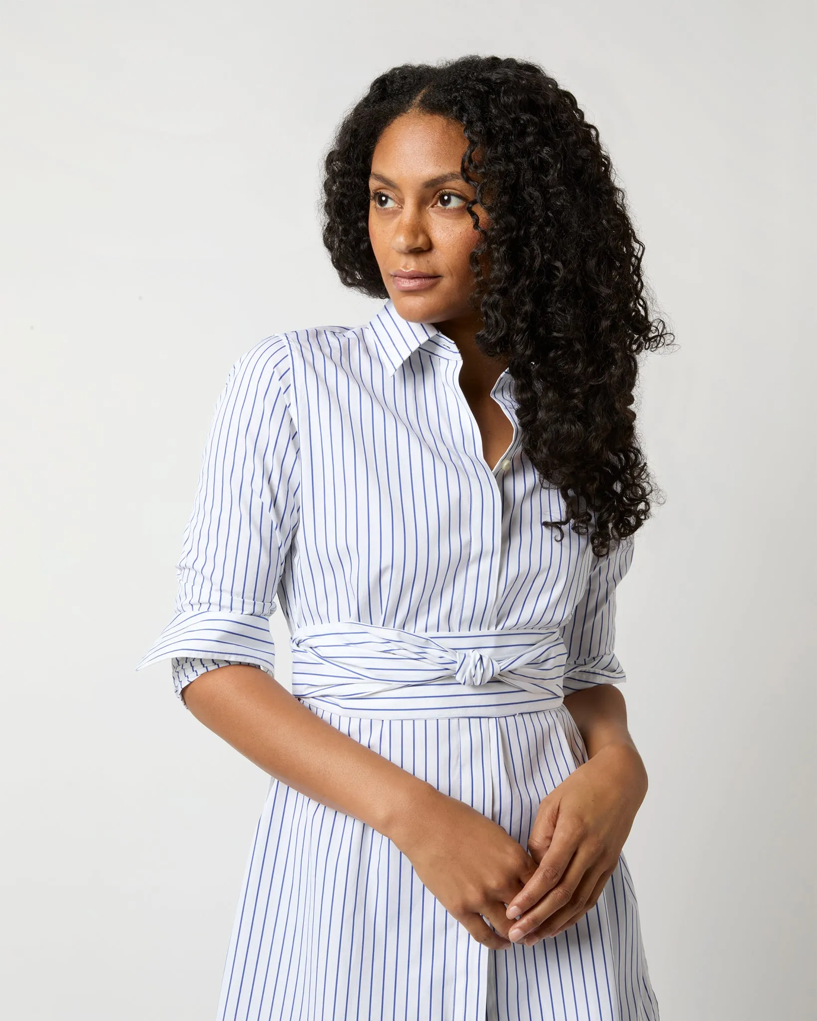 Gabrielle Tie Tunic in White/Blue Stripe Poplin