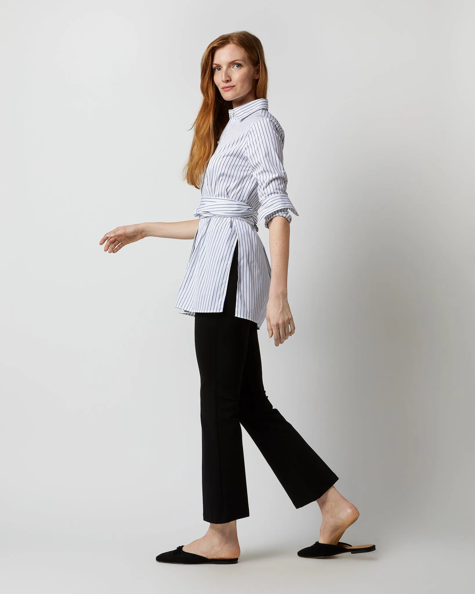 Gabrielle Tie Tunic in White/Blue Stripe Poplin