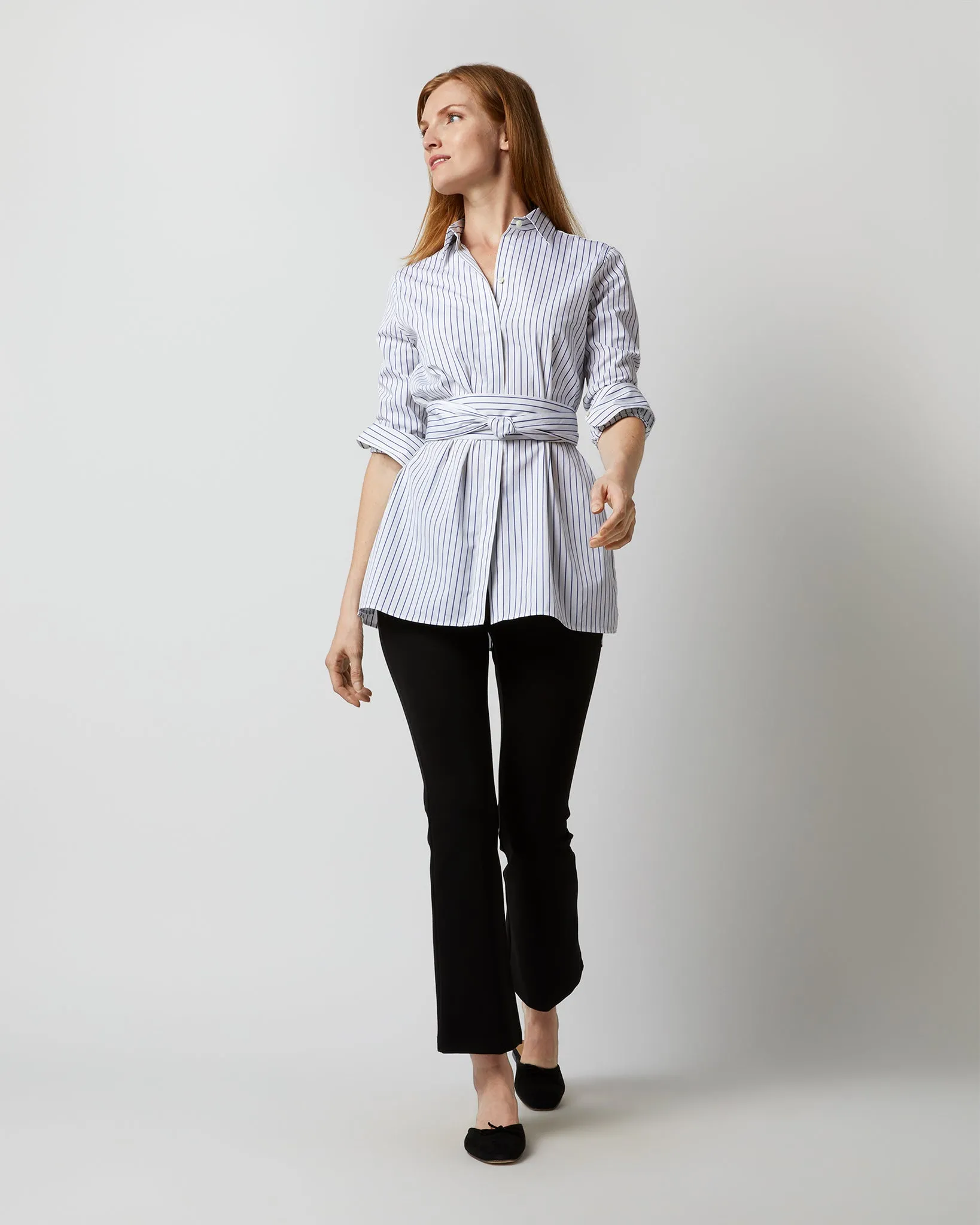 Gabrielle Tie Tunic in White/Blue Stripe Poplin