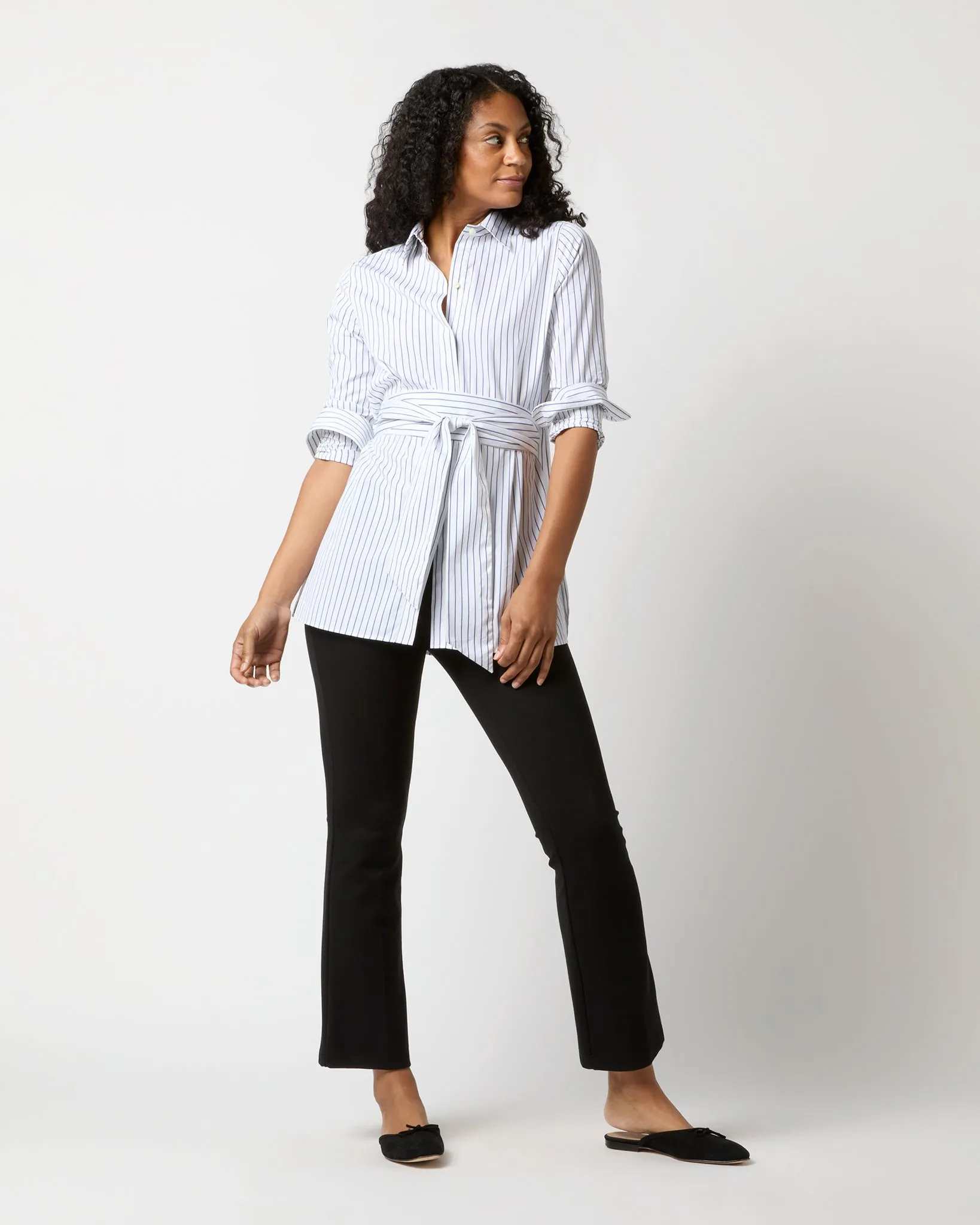 Gabrielle Tie Tunic in White/Blue Stripe Poplin