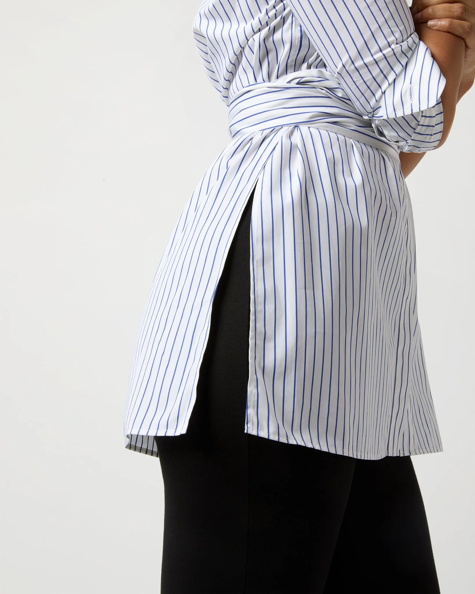 Gabrielle Tie Tunic in White/Blue Stripe Poplin