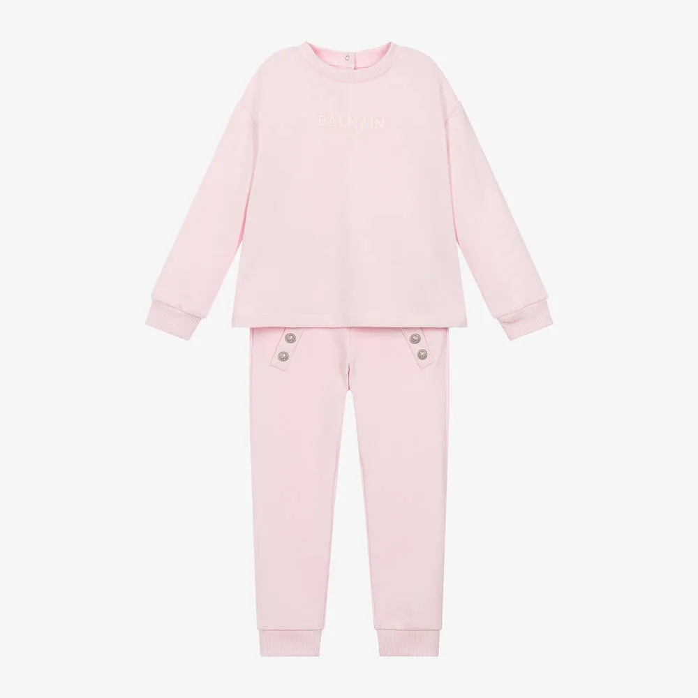 Girls Pink Embroidered Cotton Tracksuit