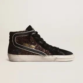 GOLDEN GOOSE SLIDE SNEAKERS IN COFFEE GLITTER & BLACK SUEDE