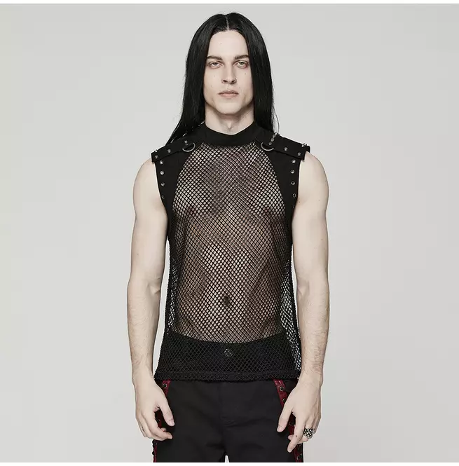 Gothic Men's Vest With Fish Net & Rivets