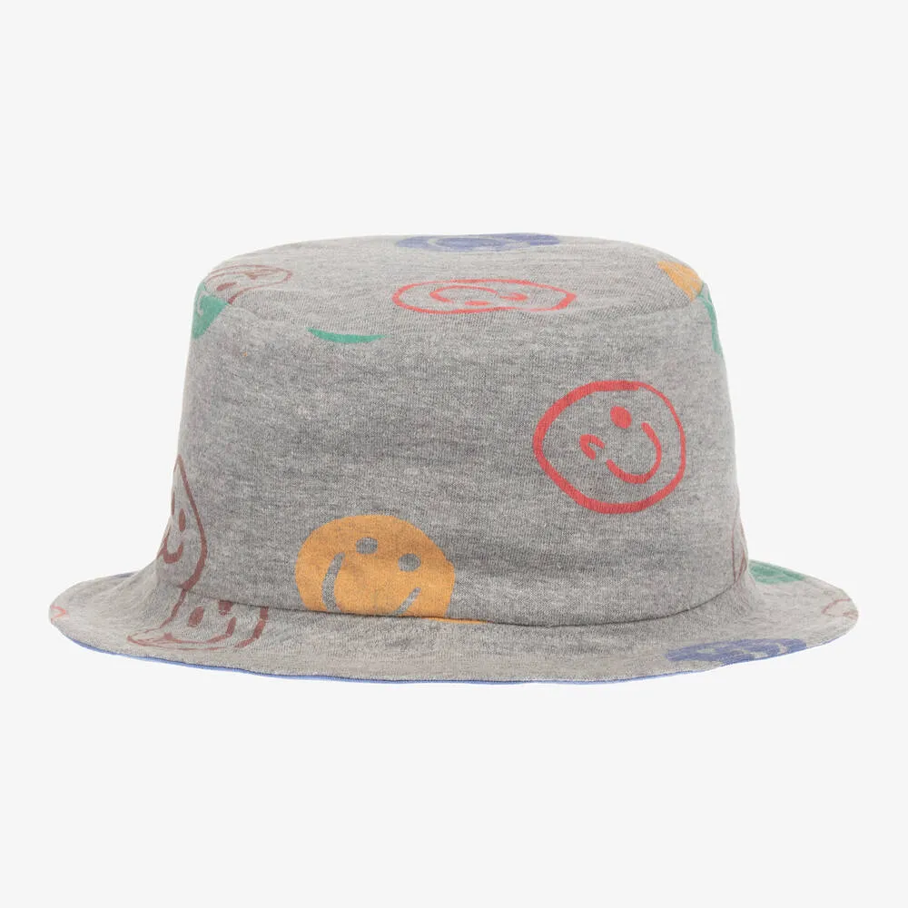 Grey Marl Cotton Happy Faces Bucket Hat