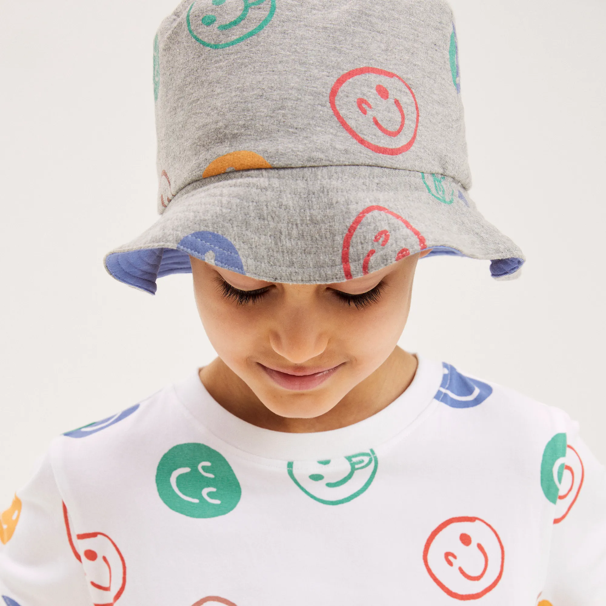 Grey Marl Cotton Happy Faces Bucket Hat