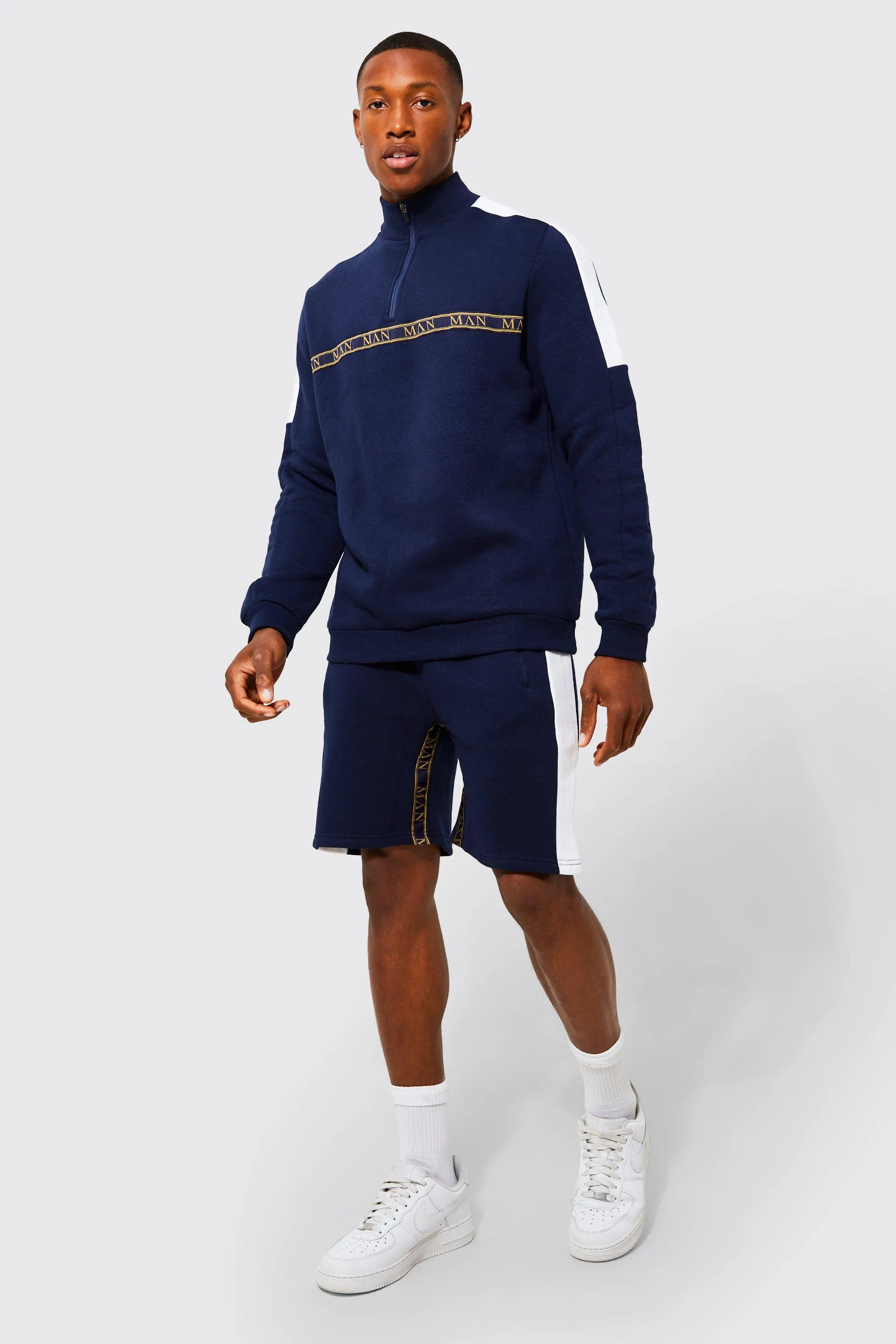 Half Zip Man Panelled Short Tracksuit | boohooMAN UK