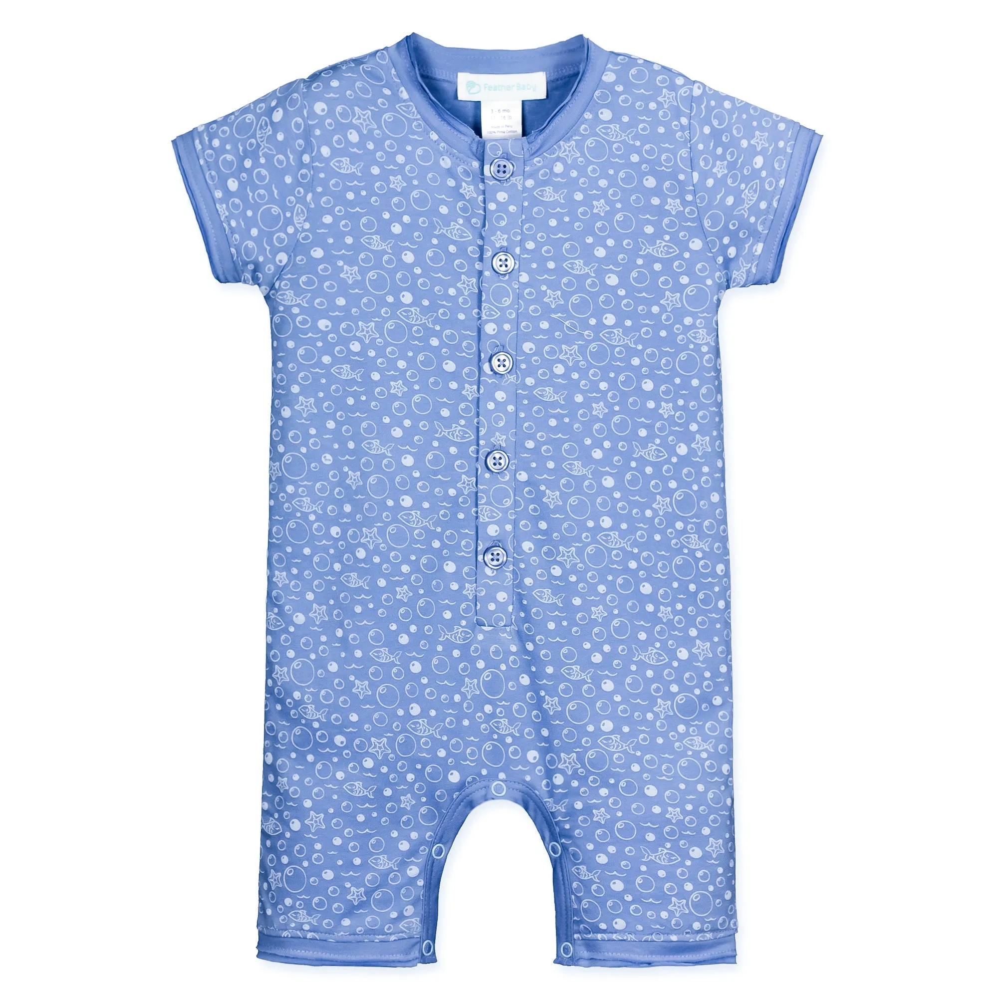 Henley Romper - Fish Bubbles 100% Pima Cotton