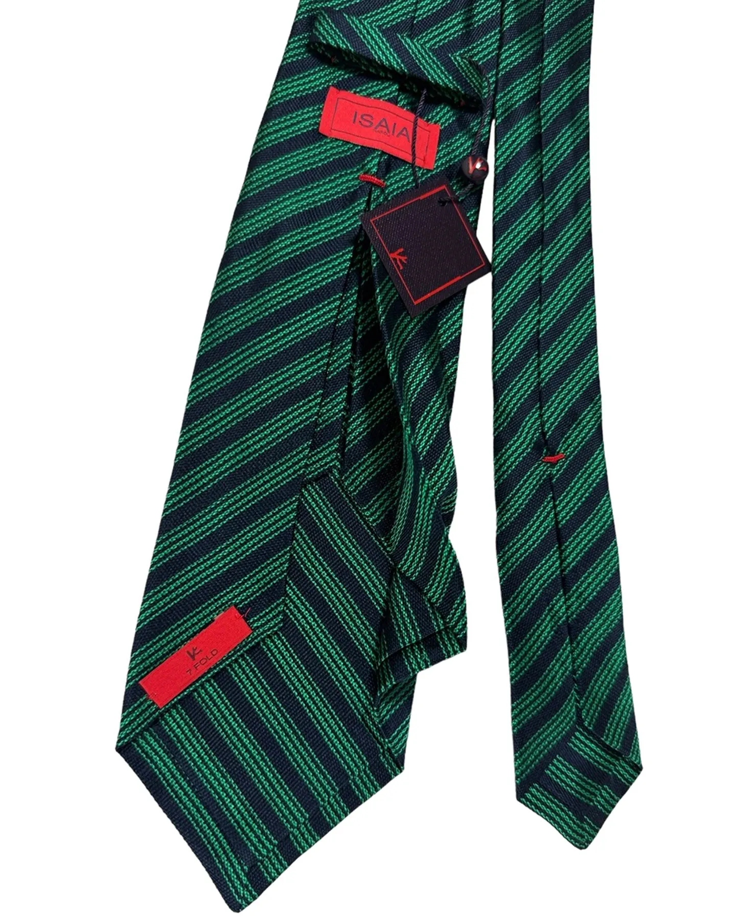 Isaia Tie Dark Blue Green Stripes Design - Sevenfold Silk Necktie