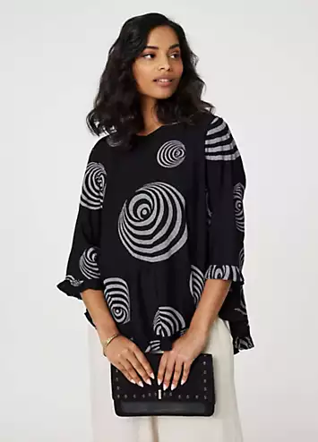 Izabel London Black Abstract Print Frill Hem Tunic Top | Kaleidoscope