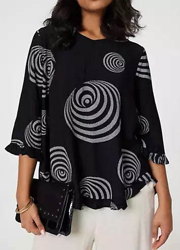 Izabel London Black Abstract Print Frill Hem Tunic Top | Kaleidoscope