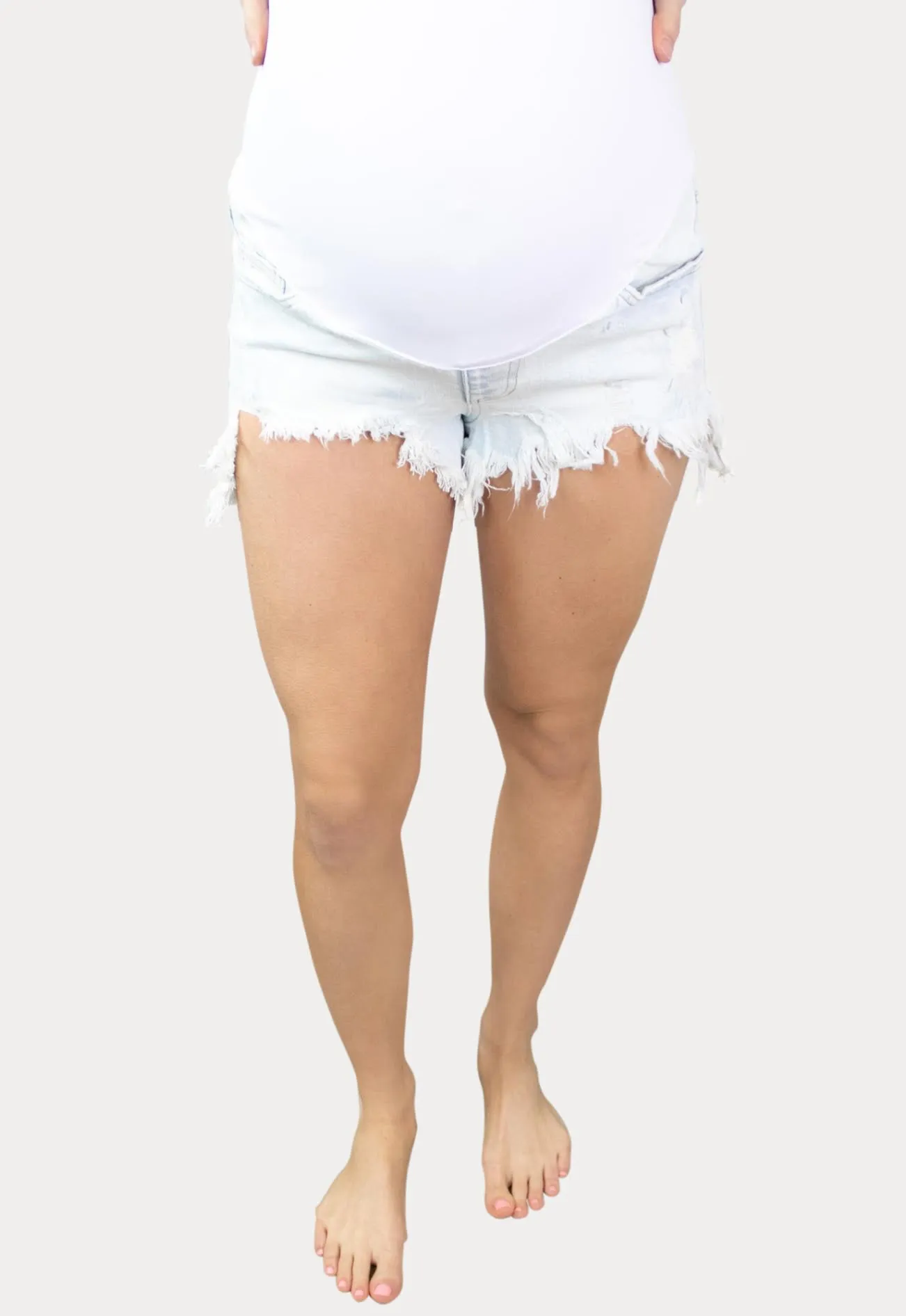 Light Wash Frayed Maternity Shorts