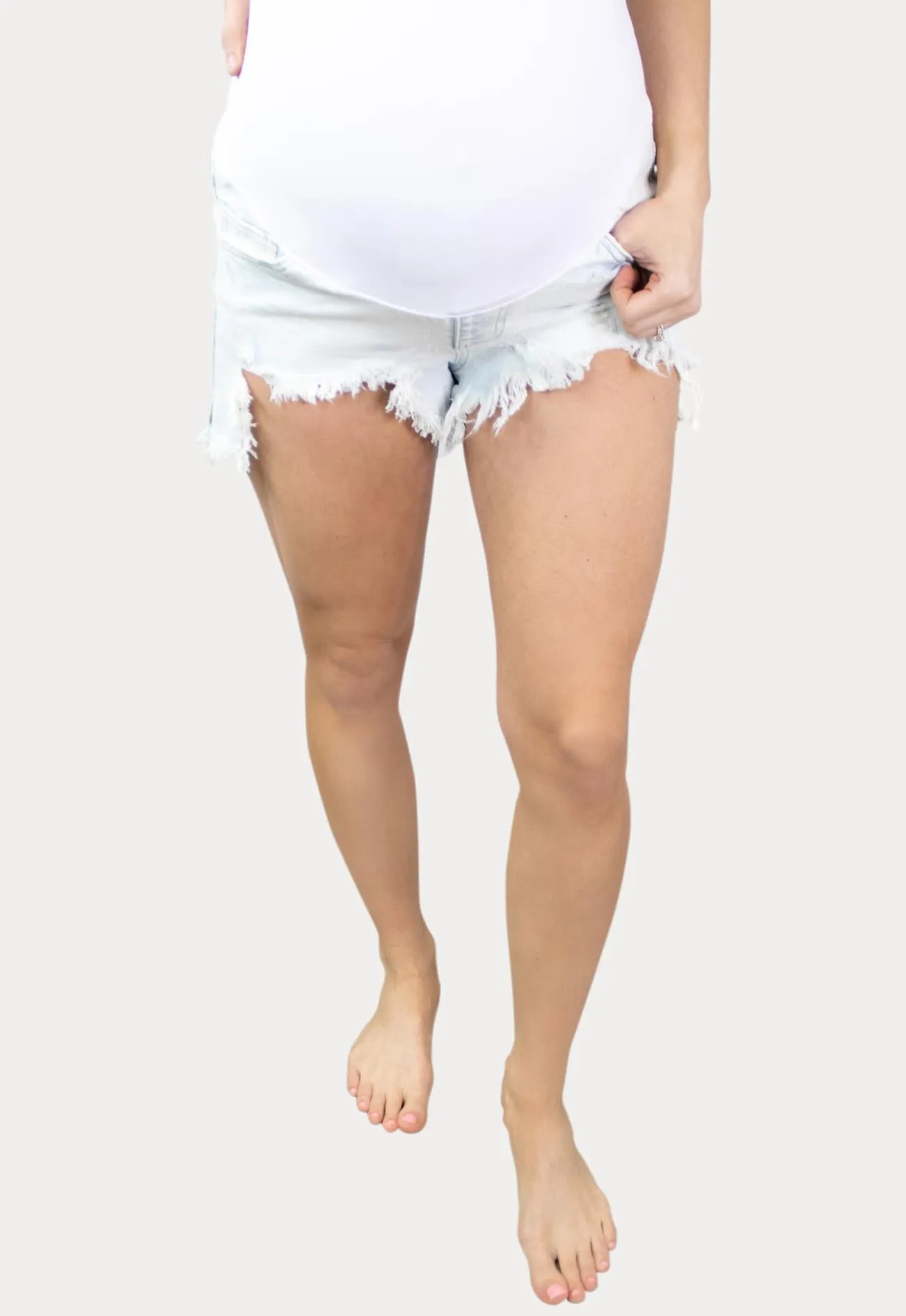 Light Wash Frayed Maternity Shorts