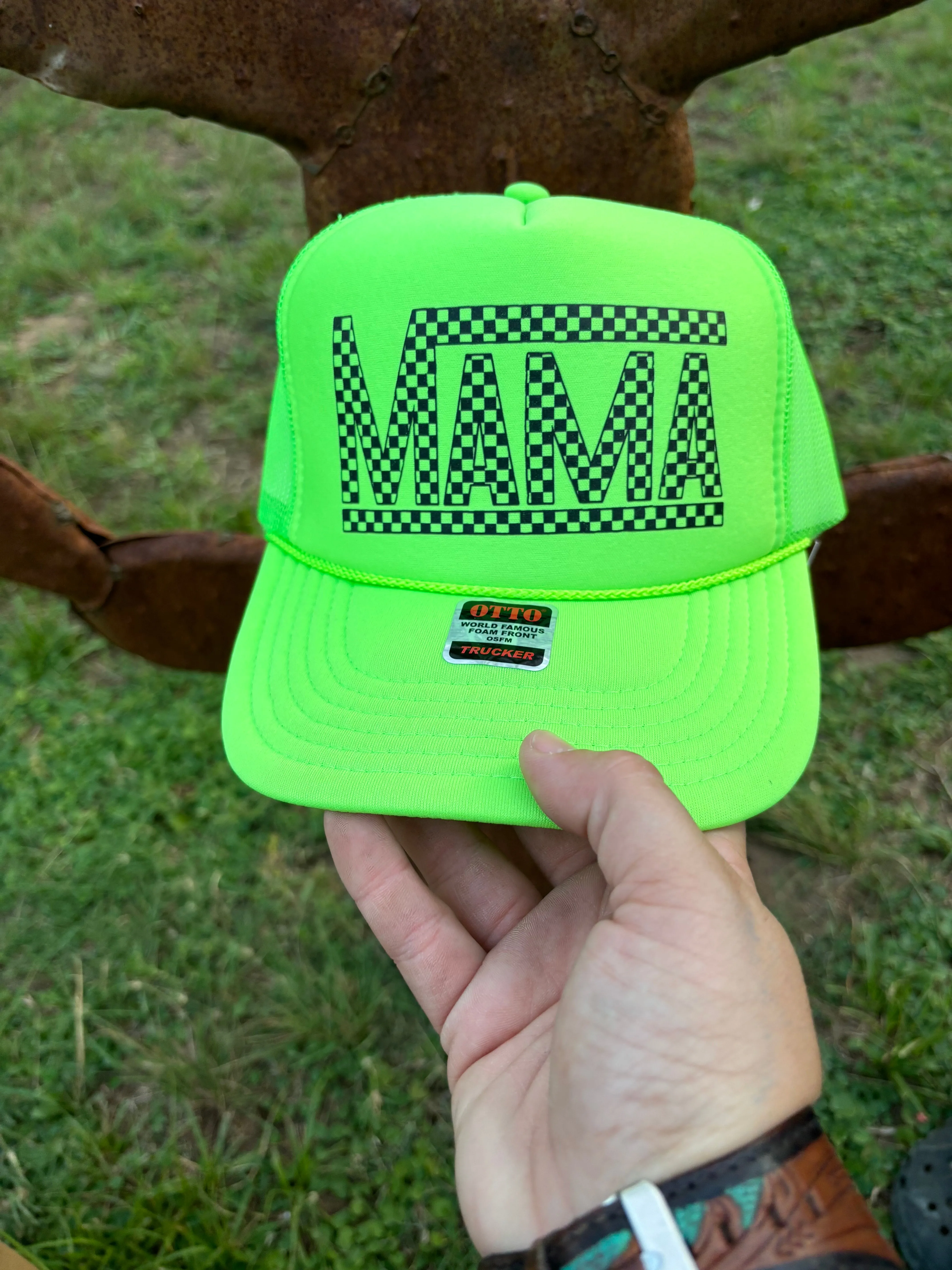 Lime Green Mama Checkered Hat