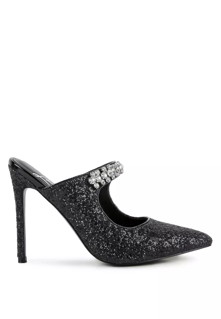 London Rag Black Glitter Diamante High Heeled Sandals