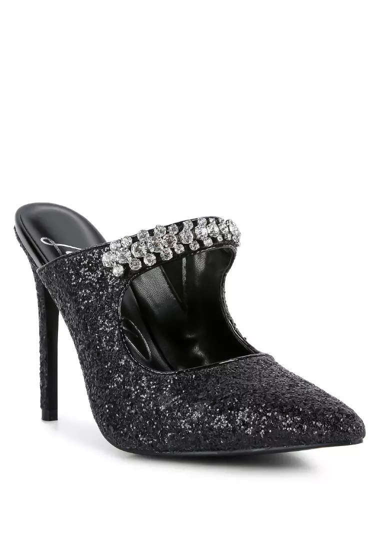 London Rag Black Glitter Diamante High Heeled Sandals