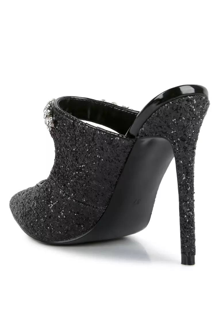 London Rag Black Glitter Diamante High Heeled Sandals