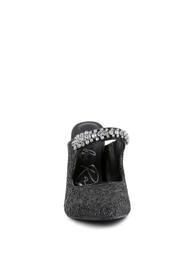 London Rag Black Glitter Diamante High Heeled Sandals