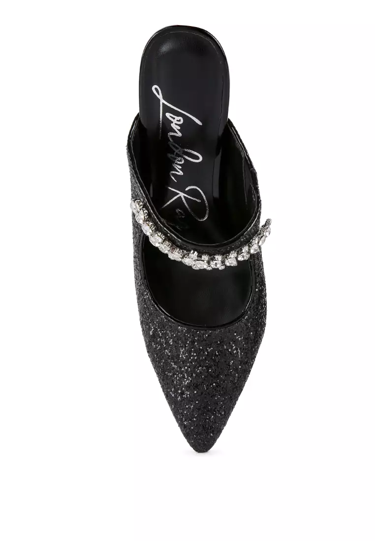 London Rag Black Glitter Diamante High Heeled Sandals